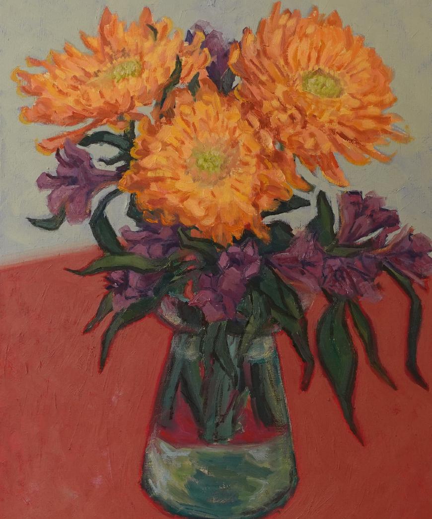 Flowers on Red Still-life  Floral Contemporary Texan Artist Brushstrokes - Painting by  Max Guarnaccia