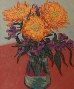 Flores sobre bodegón rojo Pinceladas Florales de Artista Texano Contemporáneo