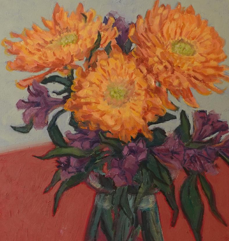 Flowers on Red Still-life  Floral Contemporary Texan Artist Brushstrokes - Brown Still-Life Painting by  Max Guarnaccia
