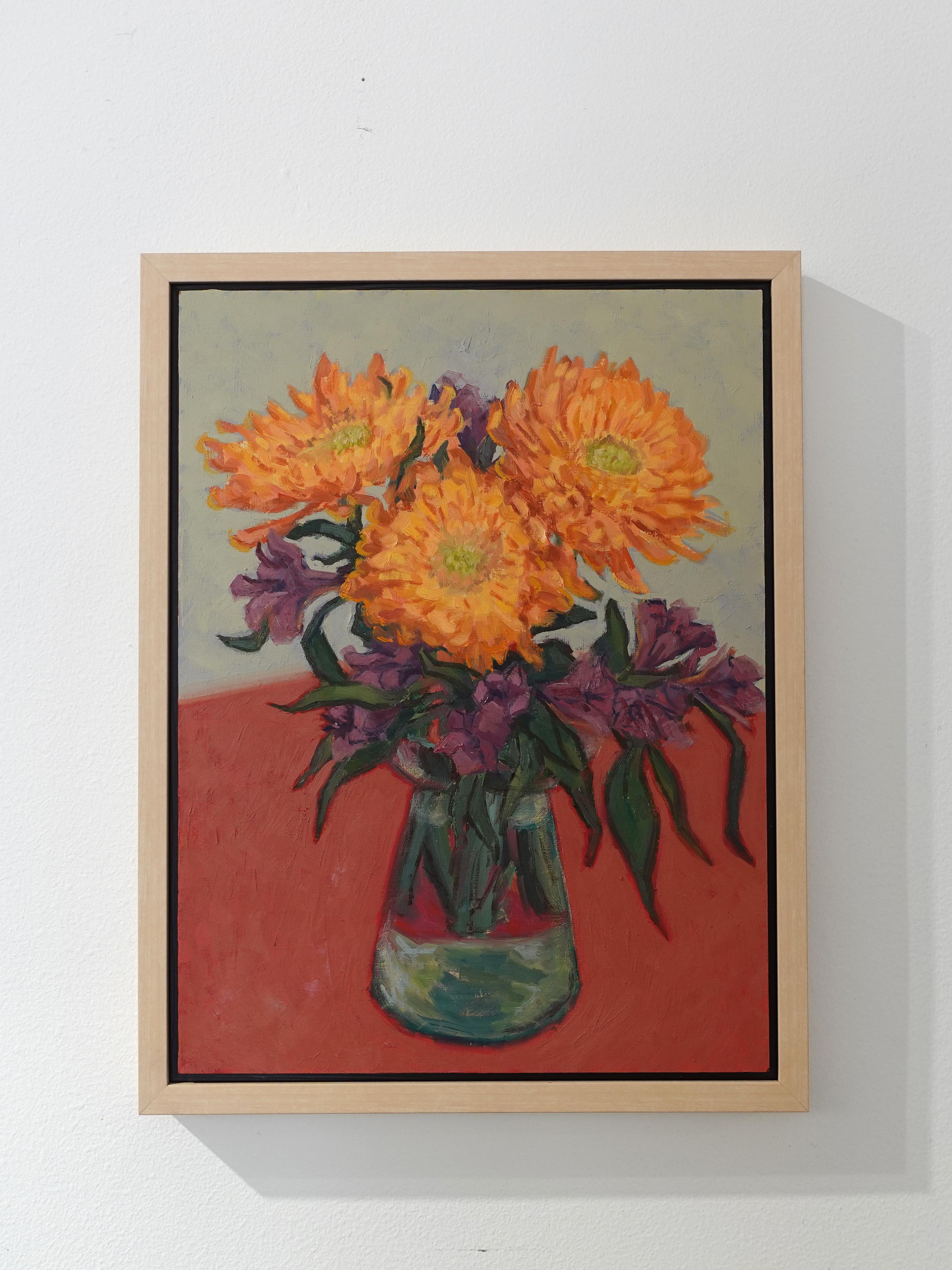  
Max Guarnaccia paints from live floral arrangements that he sets up in his studio in Houston, Texas.  You are able to see the brush strokes in all of his paintings. Flowers on Red is an oil on panel that is 16 x 12 inches.  Max paints from floral