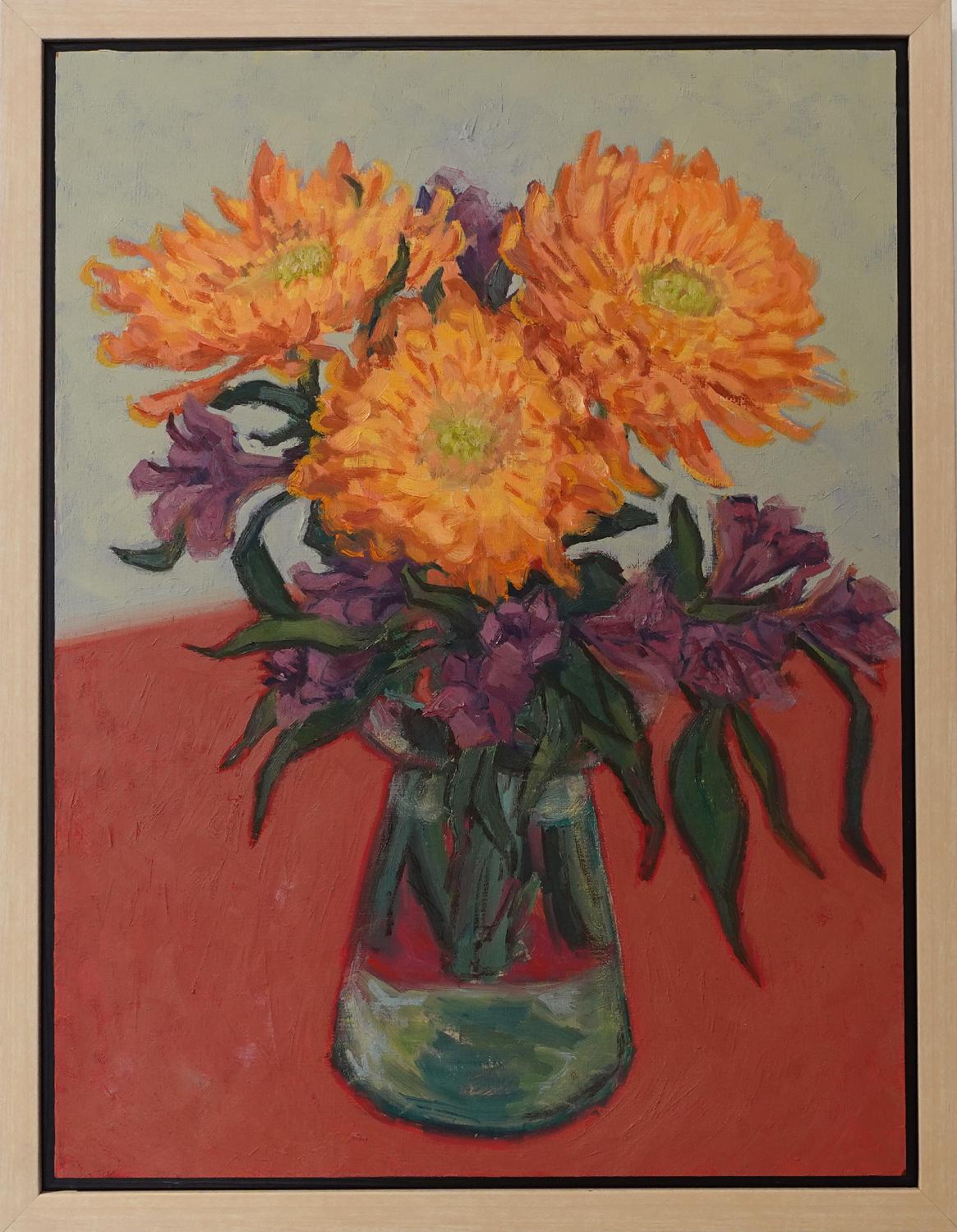 Flores sobre bodegón rojo  Pinceladas Florales de Artista Texano Contemporáneo