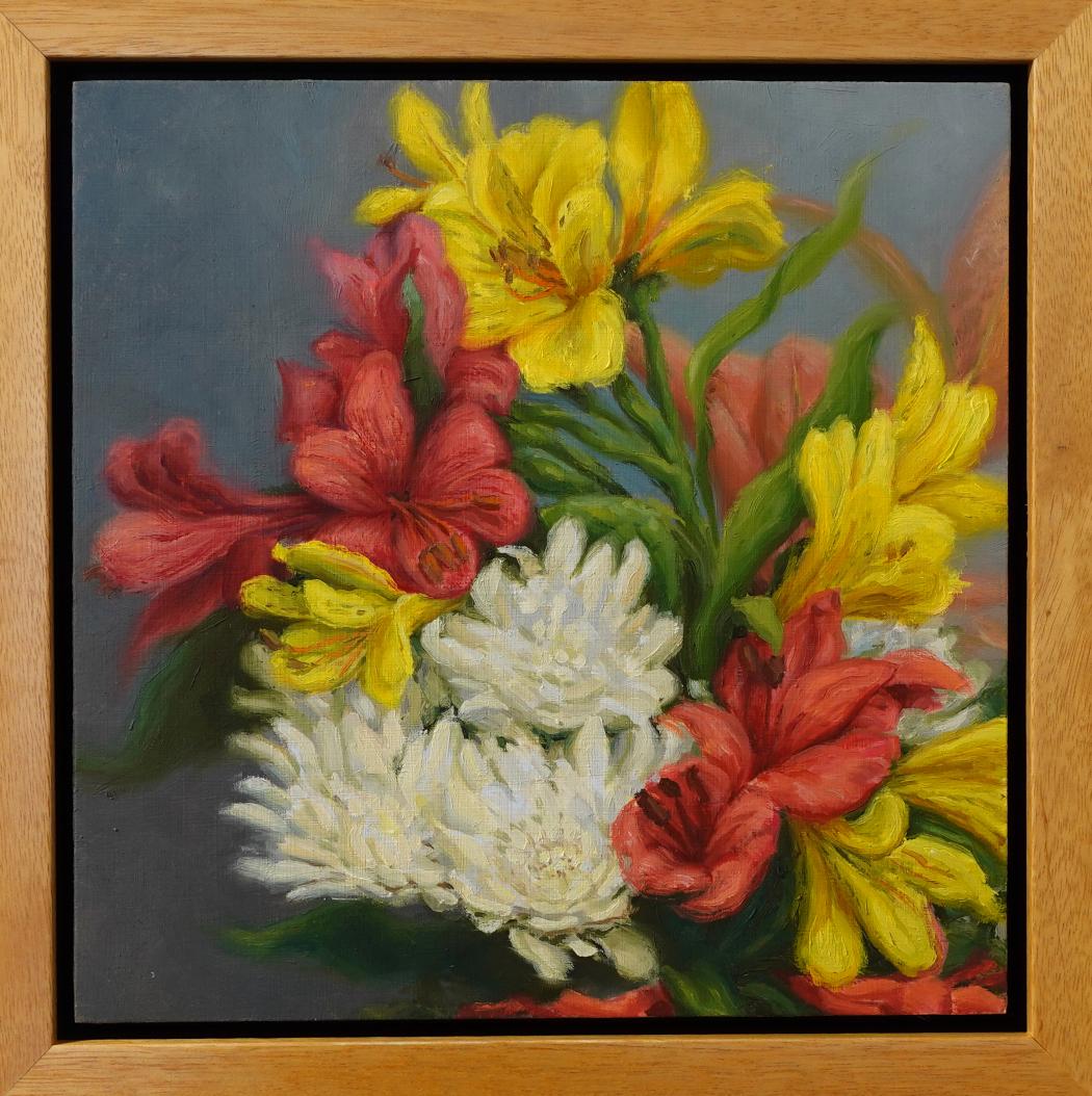 Still-Life Painting de  Max Guarnaccia - Tantas Flores Bodegón de Artista Texano Contemporáneo 10" x 10" Enmarcado Floral