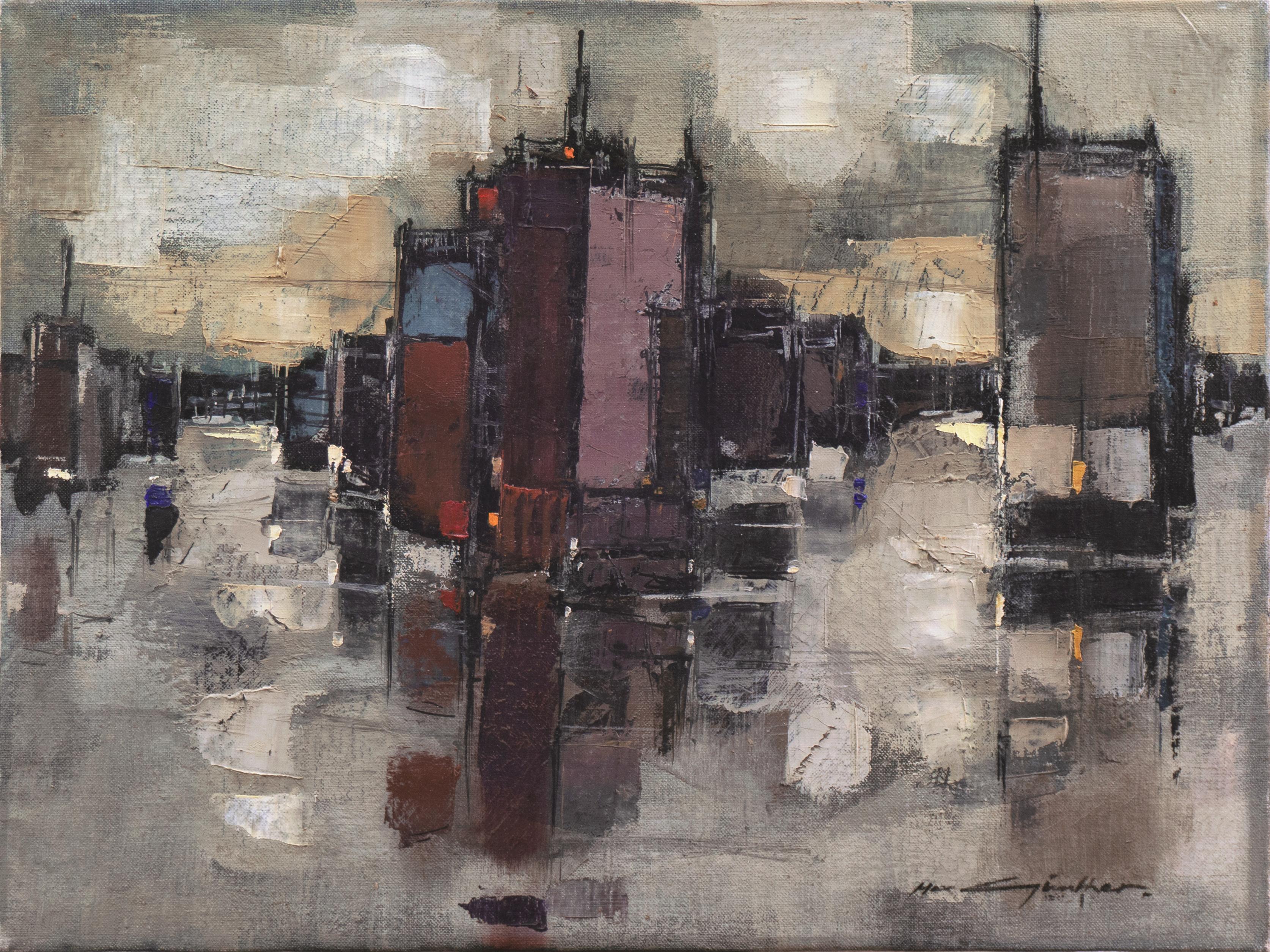 „Abstrakte Stadtlandschaft“, modernistisches abstraktes Ölgemälde, David Rockefeller-Nachlass – Painting von Max Gunther