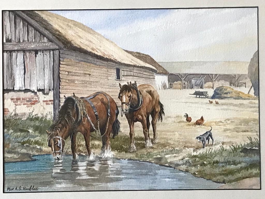 max hamblen Animal Painting - Farm Horses watering at Pond in Farmyard scene with dog and chickens watercolour
