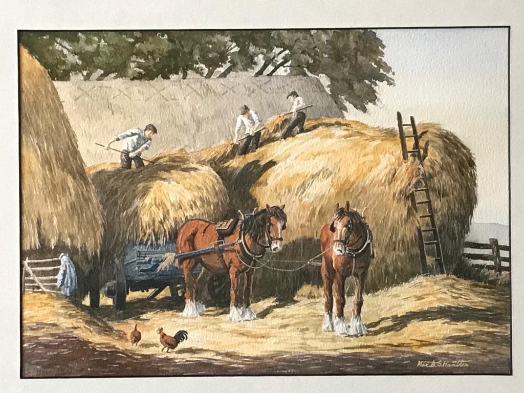 Ernte-Szene mit Bauernarbeitern auf Hay Rick mit Karrenpferden, Aquarell – Art von max hamblen