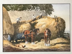 Vintage Harvesting Scene with Farm workers on Hay Rick with Cart Horses watercolour