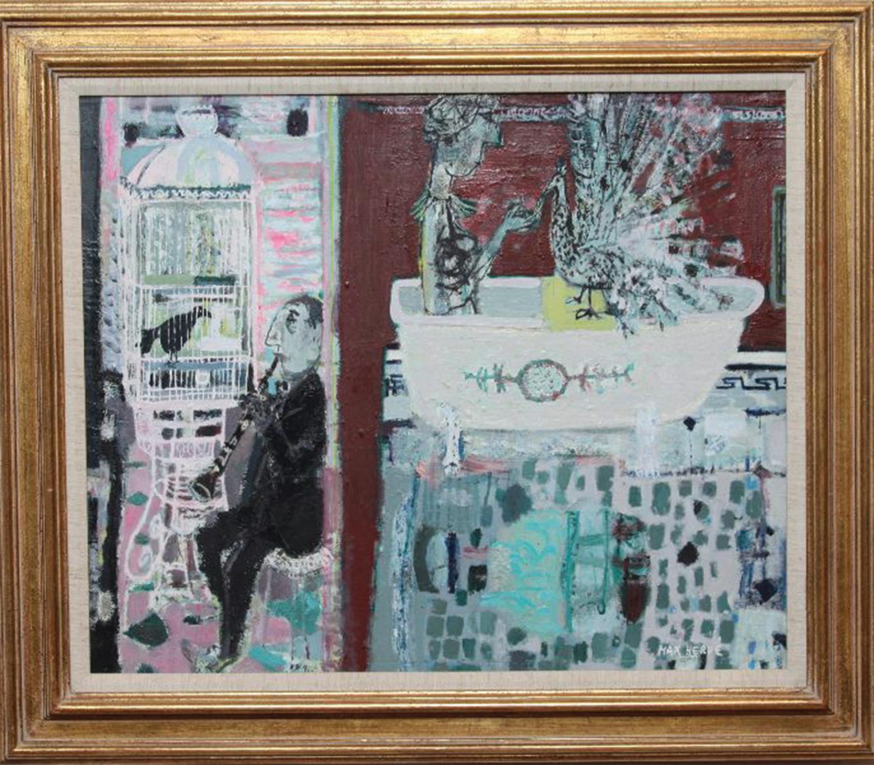 Figurative Painting di Max Herve - La Clarinette et La Baignoire, Il Clarinetto e la Vasca da bagno e la Gabbia per uccelli