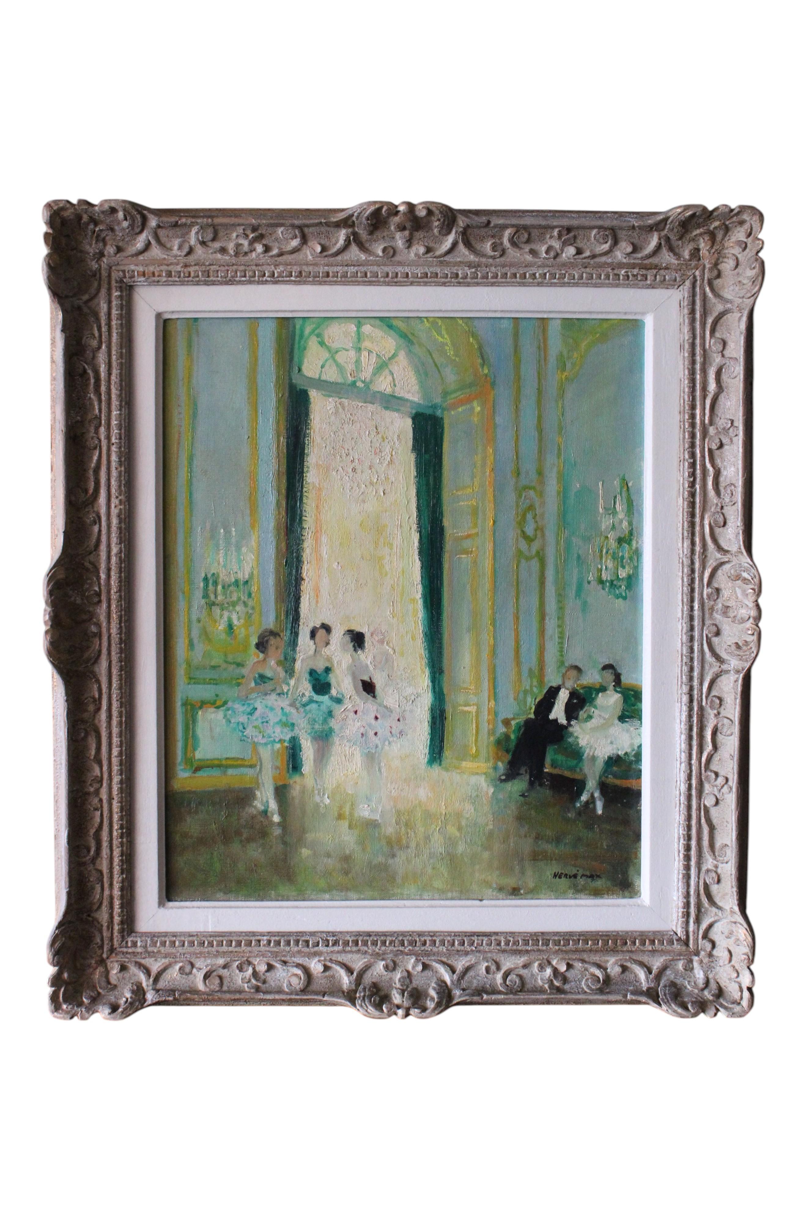 Vintage mid-century post-impressionniste genre peinture à l'huile de danseurs à l'opéra par l'artiste français, Max Herve (1926-2018).  Une très belle peinture à l'huile post-impressionniste sur toile dans son cadre d'origine intitulée Dancers in