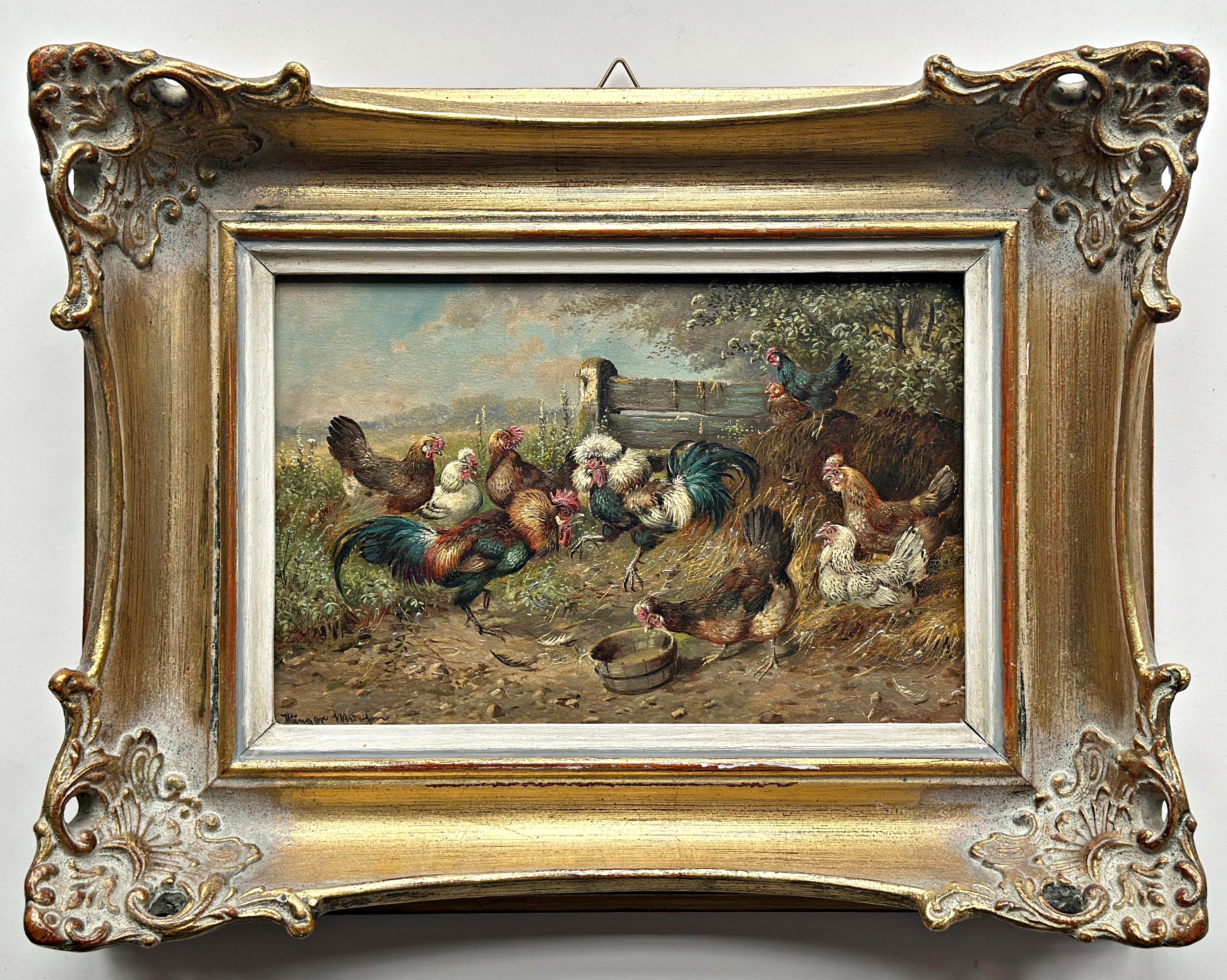Max Hänger Chicken Yard Huile sur bois Signée Munich Artist
