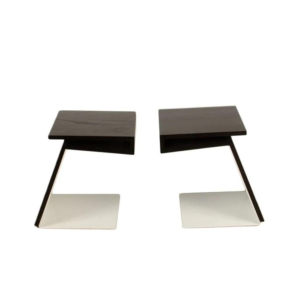 Mid-Century Modern Max ID NY Pair Geometric Cantilevered Teak Wood White Metal Modern Side Tables For Sale