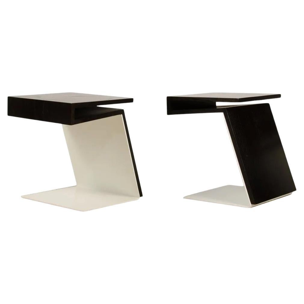 Max ID NY Pair Geometric Cantilevered Teak Wood White Metal Modern Side Tables For Sale