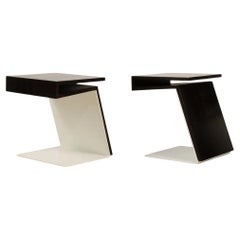 Max ID NY Pair Geometric Cantilevered Teak Wood White Metal Modern Side Tables