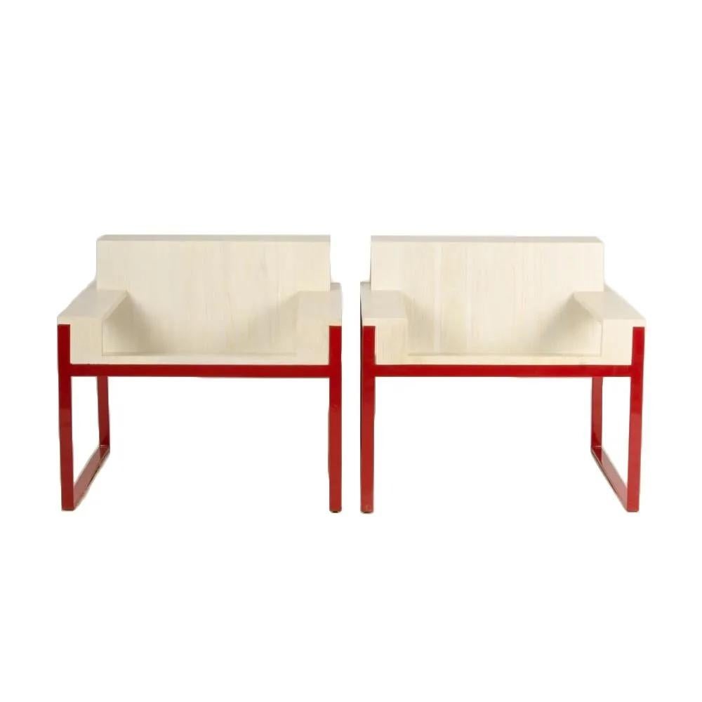 Unknown Max ID NY Pair of Geometric Cantilevered Teak Wood Red Metal Modern Chairs For Sale