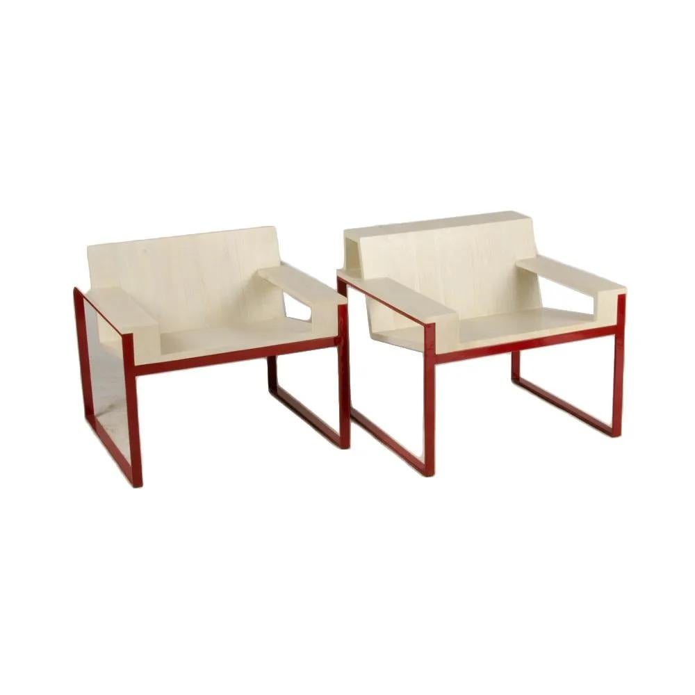 Stained Max ID NY Pair of Geometric Cantilevered Teak Wood Red Metal Modern Chairs For Sale