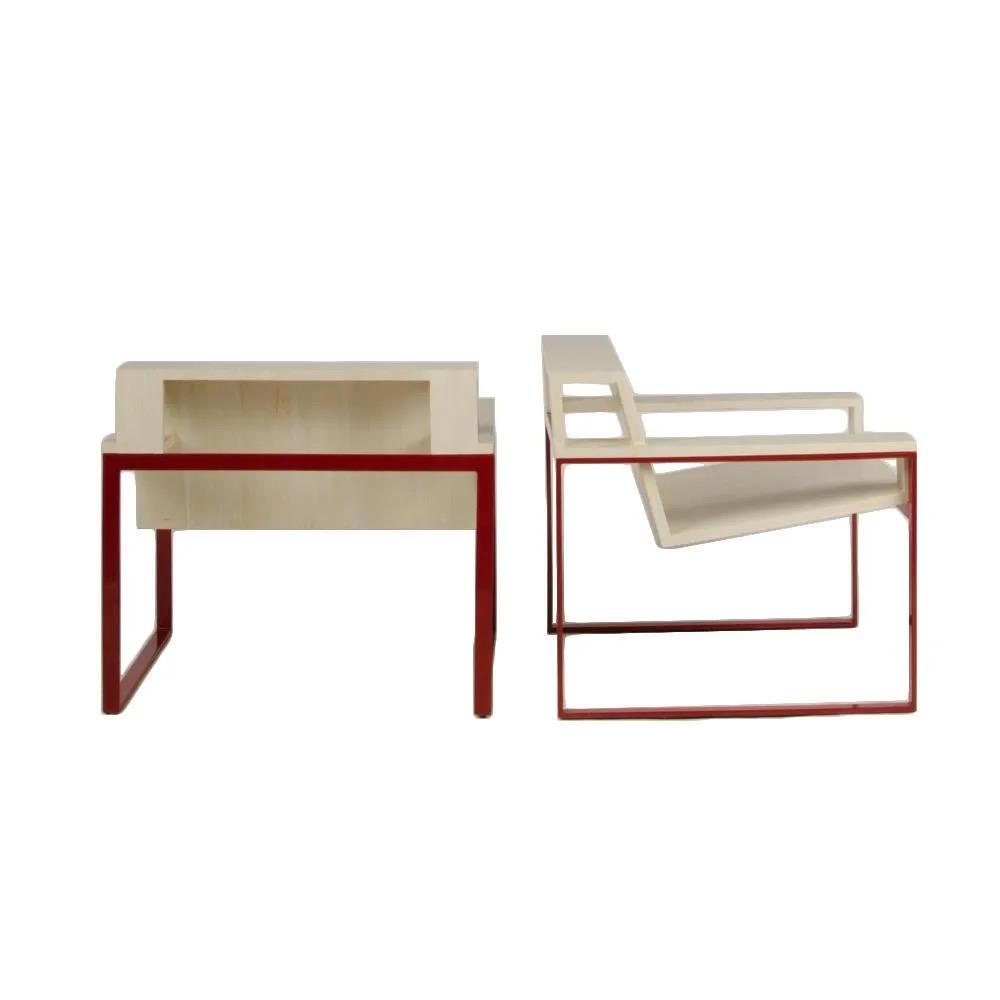 Max ID NY Pair of Geometric Cantilevered Teak Wood Red Metal Modern Chairs In Excellent Condition For Sale In Philadelphia, PA