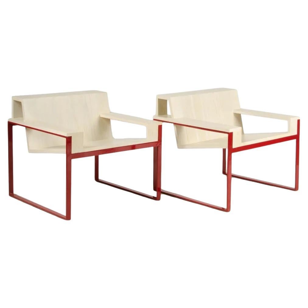 Max ID NY Pair of Geometric Cantilevered Teak Wood Red Metal Modern Chairs