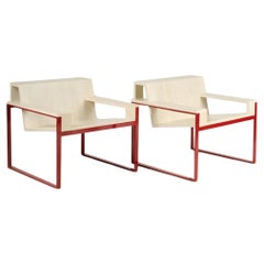 Used Max ID NY Pair of Geometric Cantilevered Teak Wood Red Metal Modern Chairs