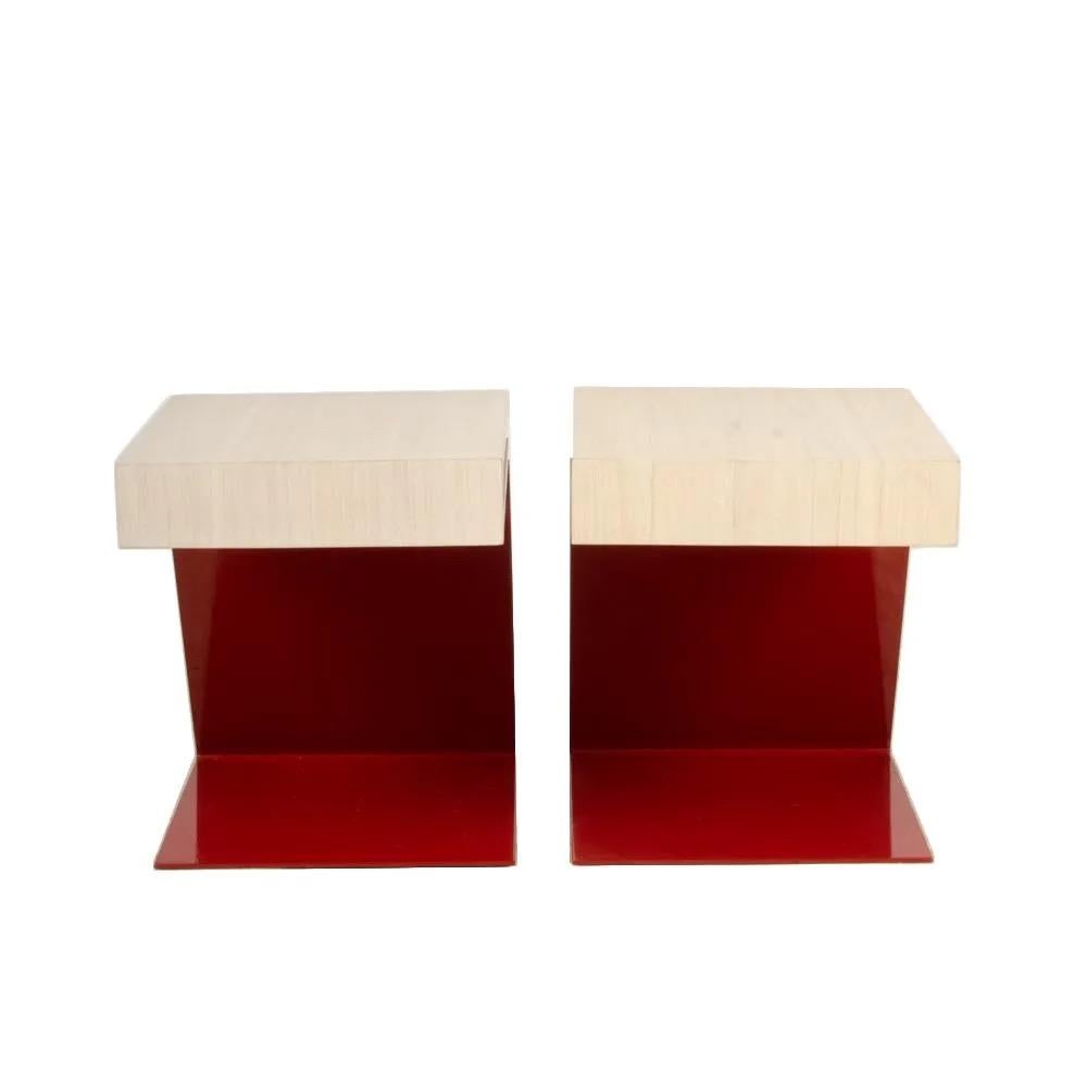 Mid-Century Modern Max ID NY Pair of Geometric Cantilevered Teak Wood Red Metal Modern Side Tables For Sale