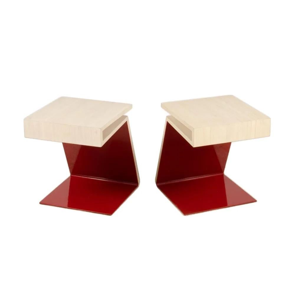 Unknown Max ID NY Pair of Geometric Cantilevered Teak Wood Red Metal Modern Side Tables For Sale