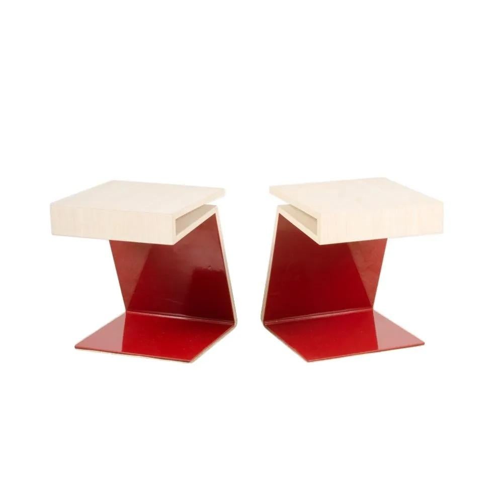 Stained Max ID NY Pair of Geometric Cantilevered Teak Wood Red Metal Modern Side Tables For Sale
