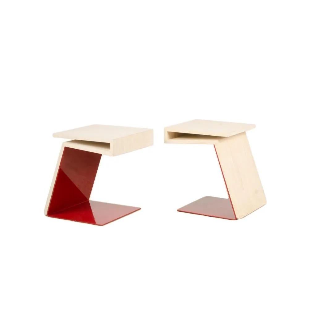 Contemporary Max ID NY Pair of Geometric Cantilevered Teak Wood Red Metal Modern Side Tables For Sale