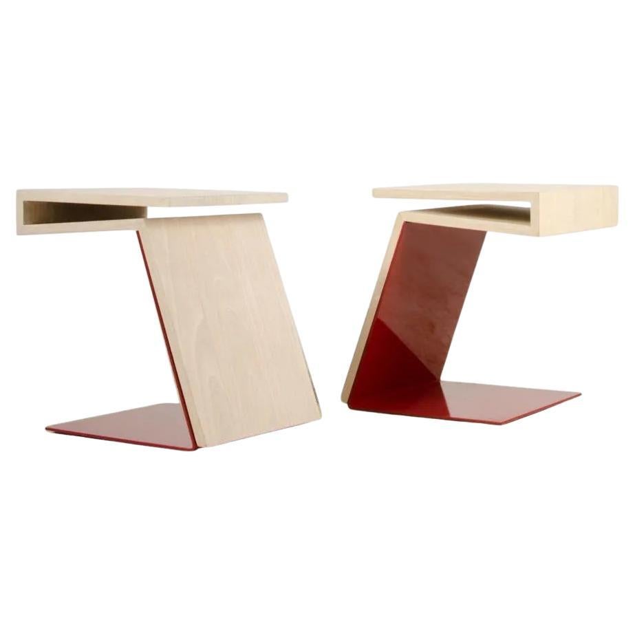 Max ID NY Pair of Geometric Cantilevered Teak Wood Red Metal Modern Side Tables For Sale