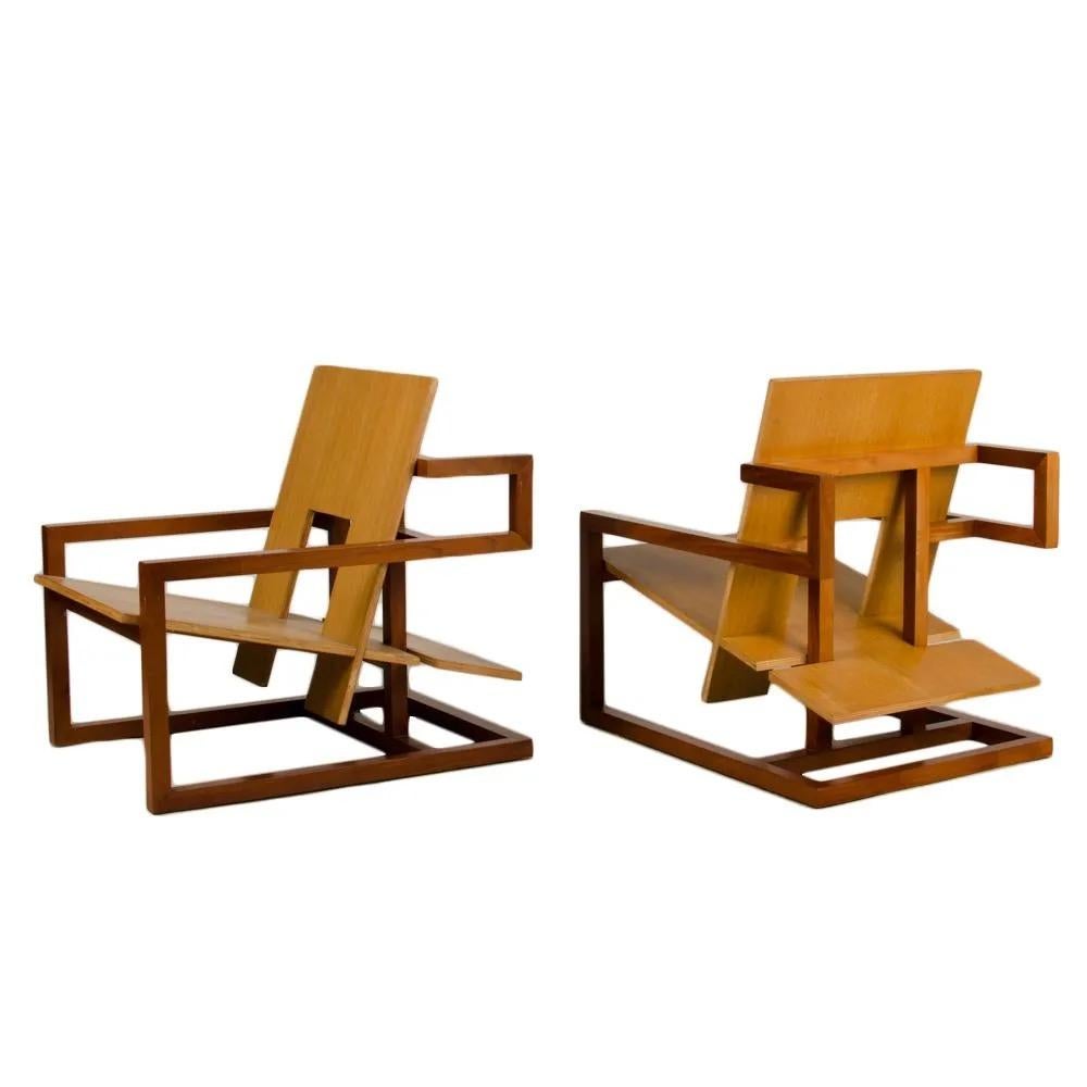 Mid-Century Modern Max ID NY Pair of Geometric Mahogany Wood Modern Arm Chairs For Sale