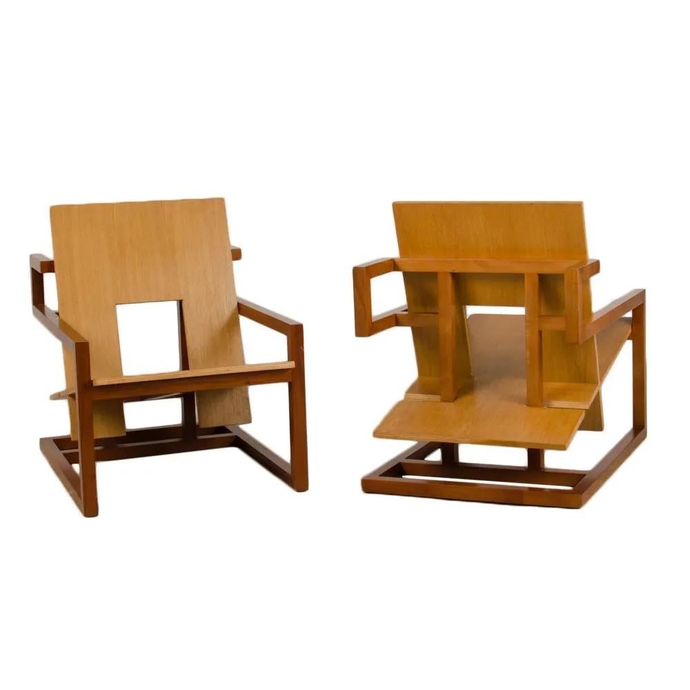 Unknown Max ID NY Pair of Geometric Mahogany Wood Modern Arm Chairs For Sale