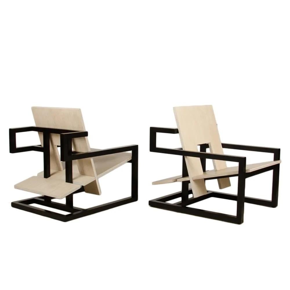 Unknown Max ID NY Pair of Geometric Mahogany Wood Modern Arm Chairs For Sale
