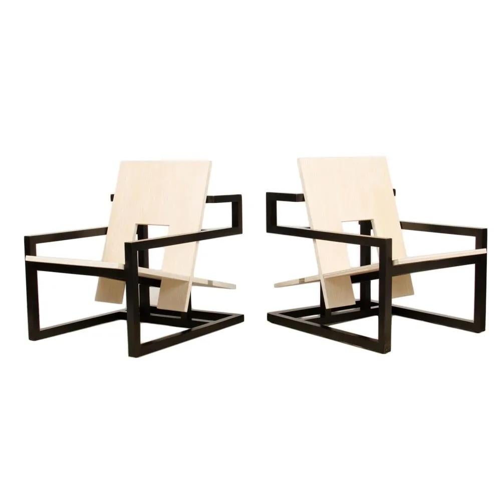 Stained Max ID NY Pair of Geometric Mahogany Wood Modern Arm Chairs For Sale