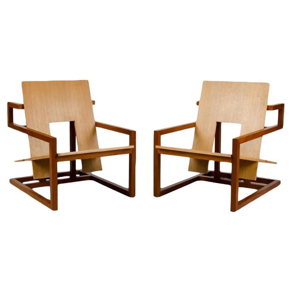 Max ID NY Pair of Geometric Mahogany Wood Modern Arm Chairs