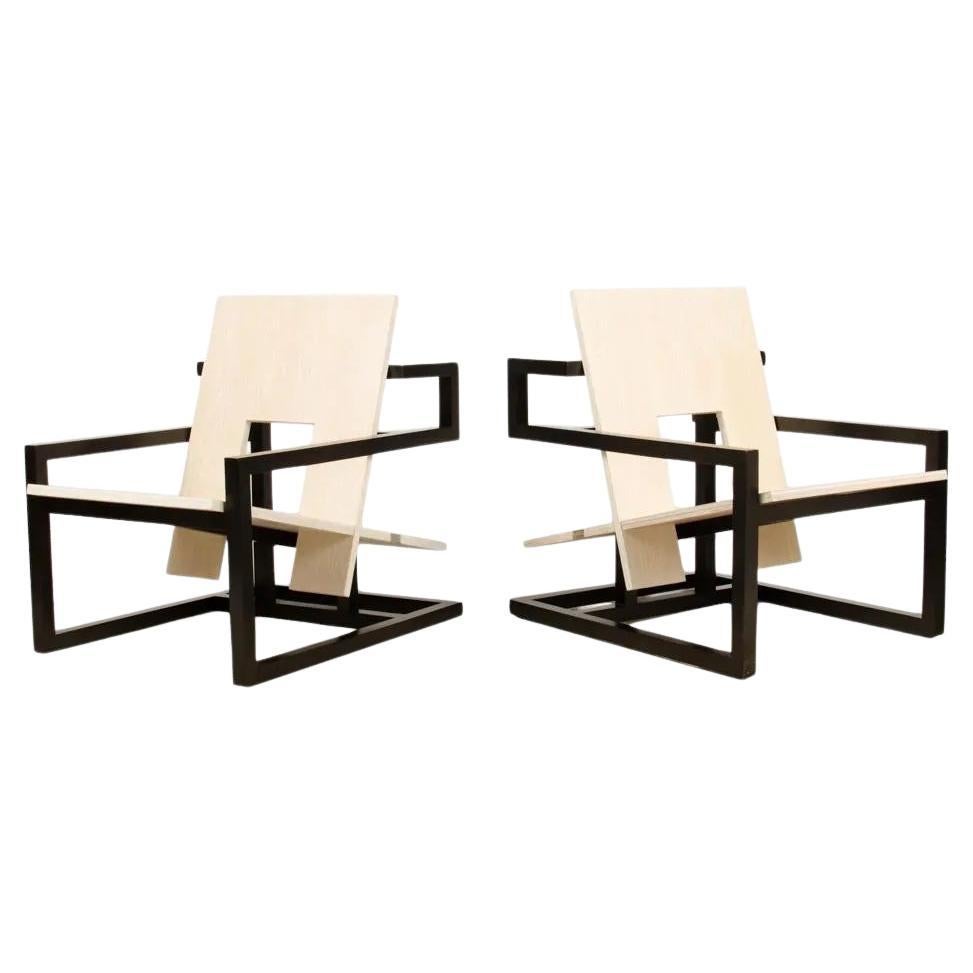 Max ID NY Pair of Geometric Mahogany Wood Modern Arm Chairs For Sale