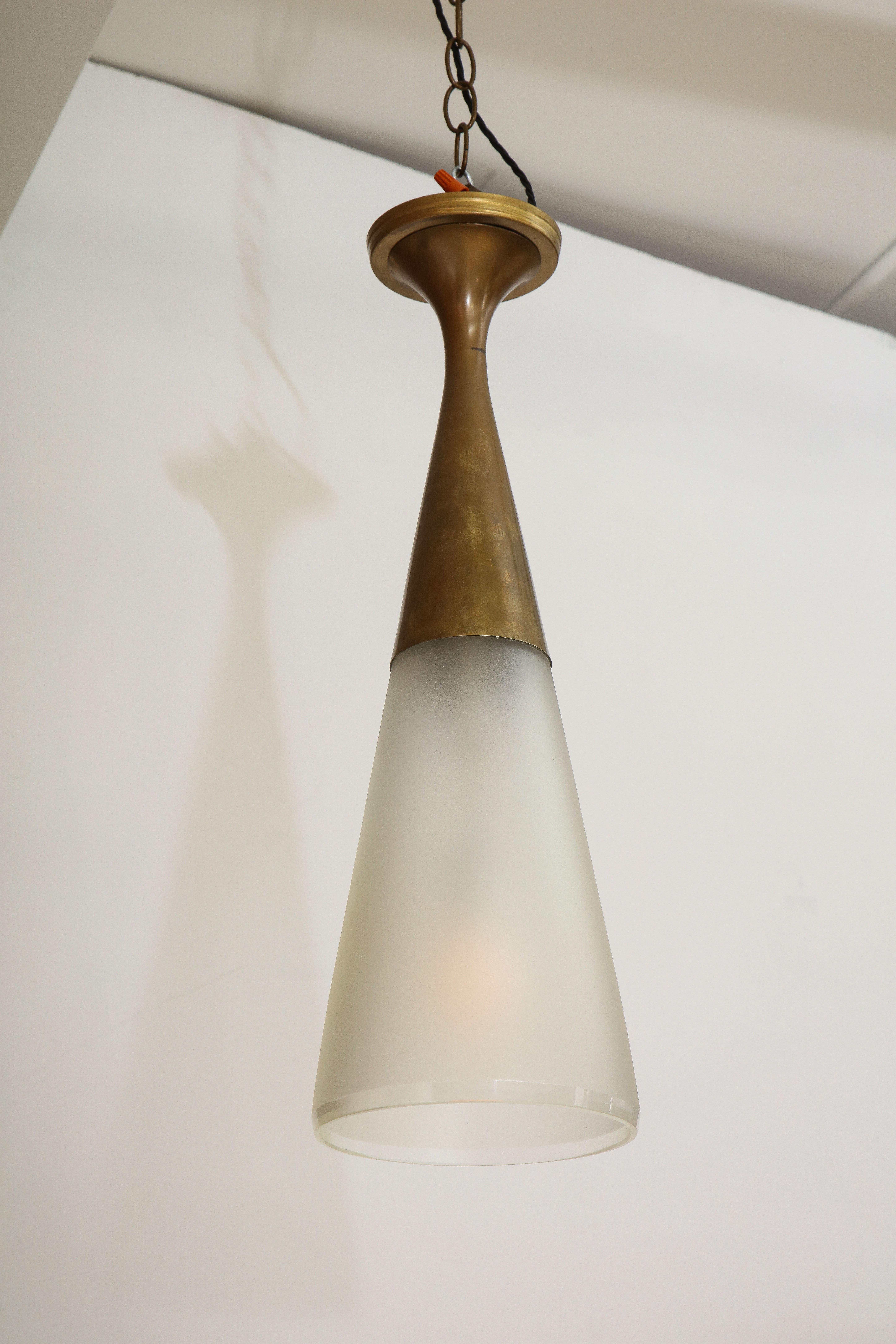 Flushmount ceiling light by Max Ingrand for Fontana Arte. Elegant cone form light of polished brass and satin white glass shade. 1 standard size Edison socket. Recently made ceiling plate for mounting to J-box. Published: Fontana Arte: Una Storia