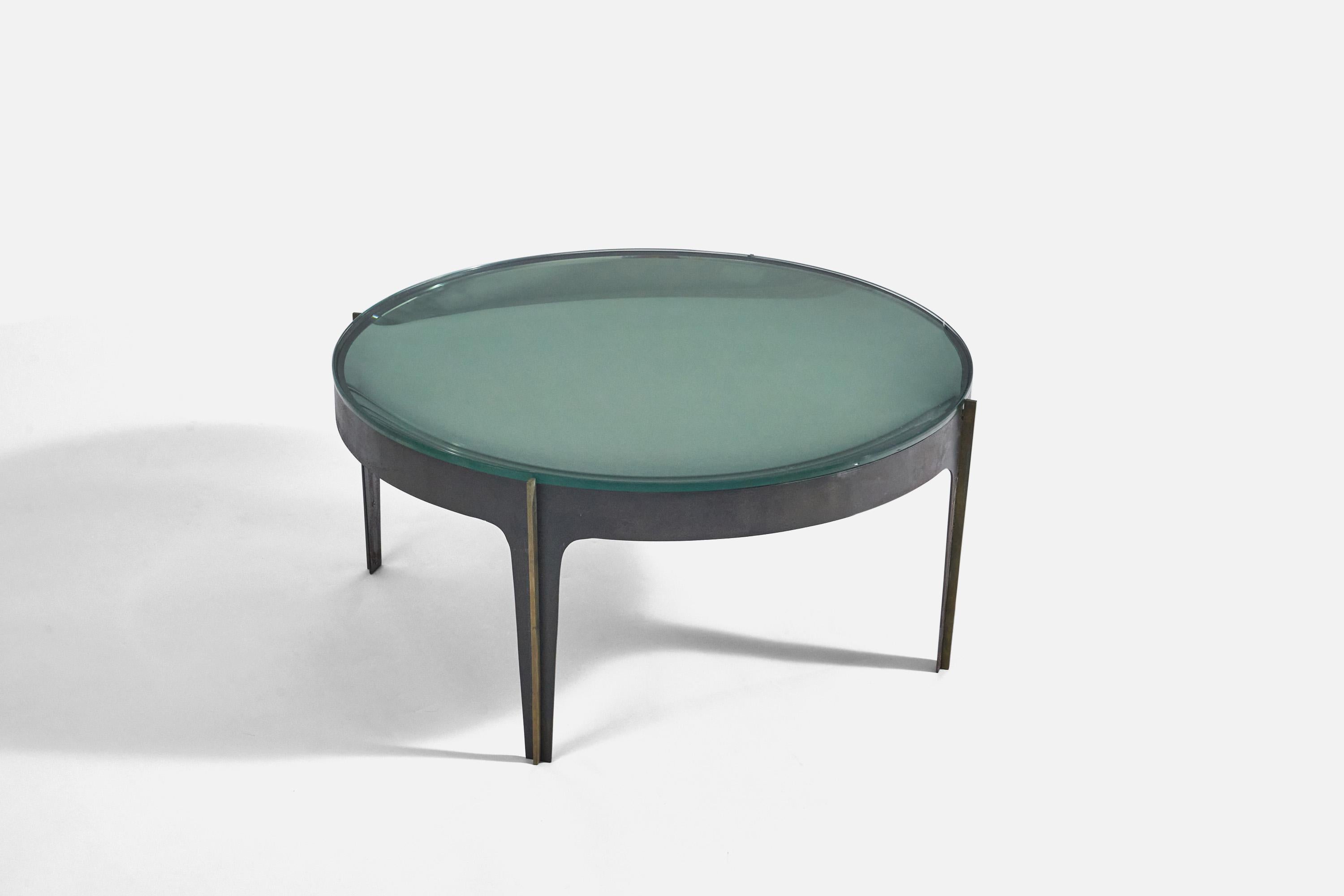 A green convex glass, metal and brass coffee table, model 1774, designed by Max Ingrand and produced by Fontana Arte, Italy, 1958.
