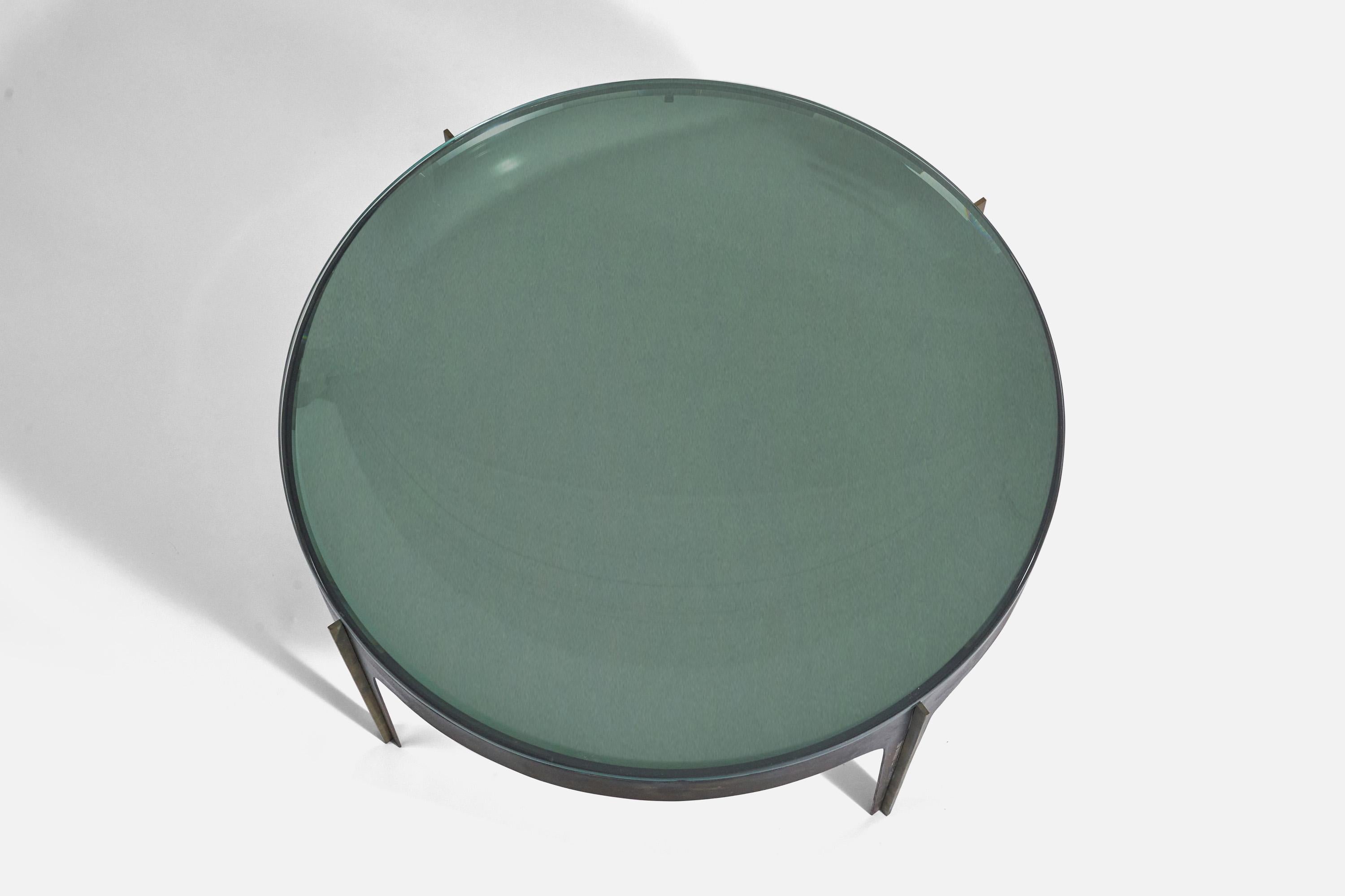 Mid-Century Modern Max Ingrand, Coffee Table, Green Convex Glass, Metal, Brass, Fontana Arte, 1958 For Sale