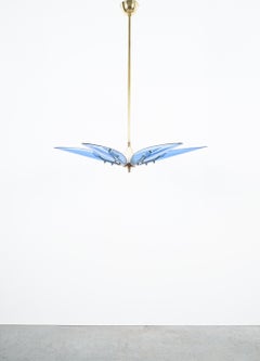 Max Ingrand Dahlia Style Chandelier Blue Glass Brass, Italy Mid Century