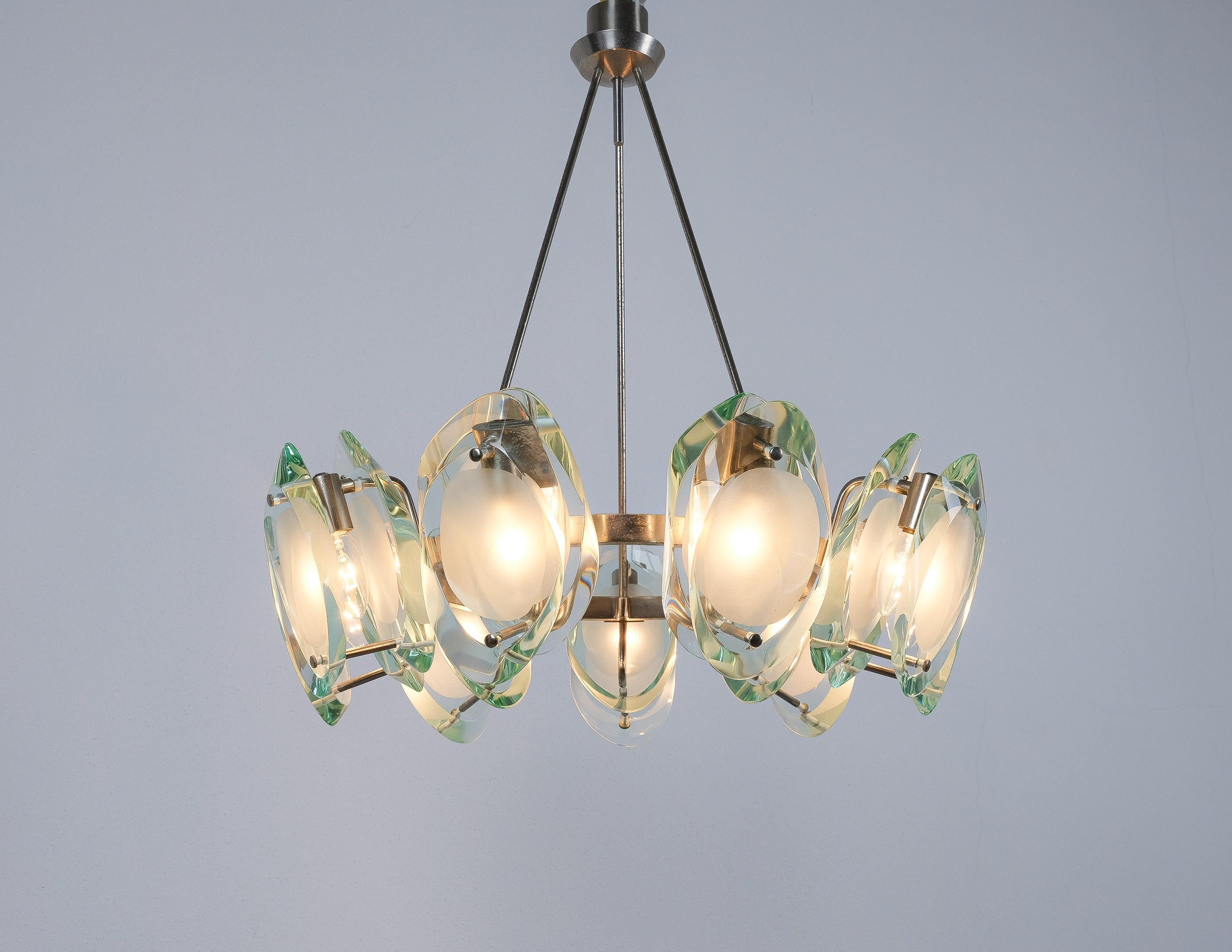 Max Ingrand Fontana Arte Chandelier Suspension Light Mod. 1088 Glass Brass, 1959 Moderno de mediados de siglo en venta