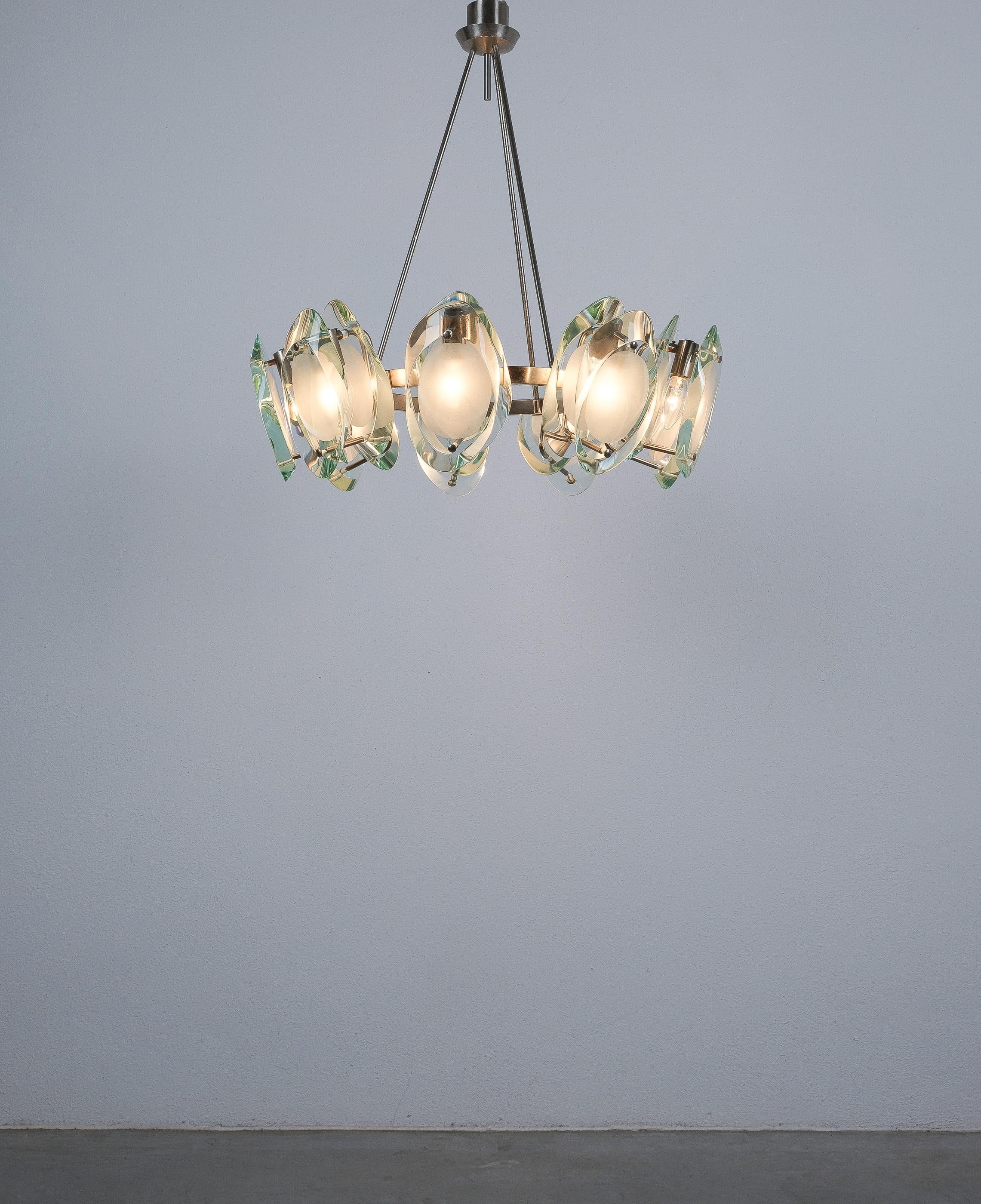 Max Ingrand Fontana Arte Chandelier Suspension Light Mod. 1088 Glass Brass, 1959 Grabado en venta