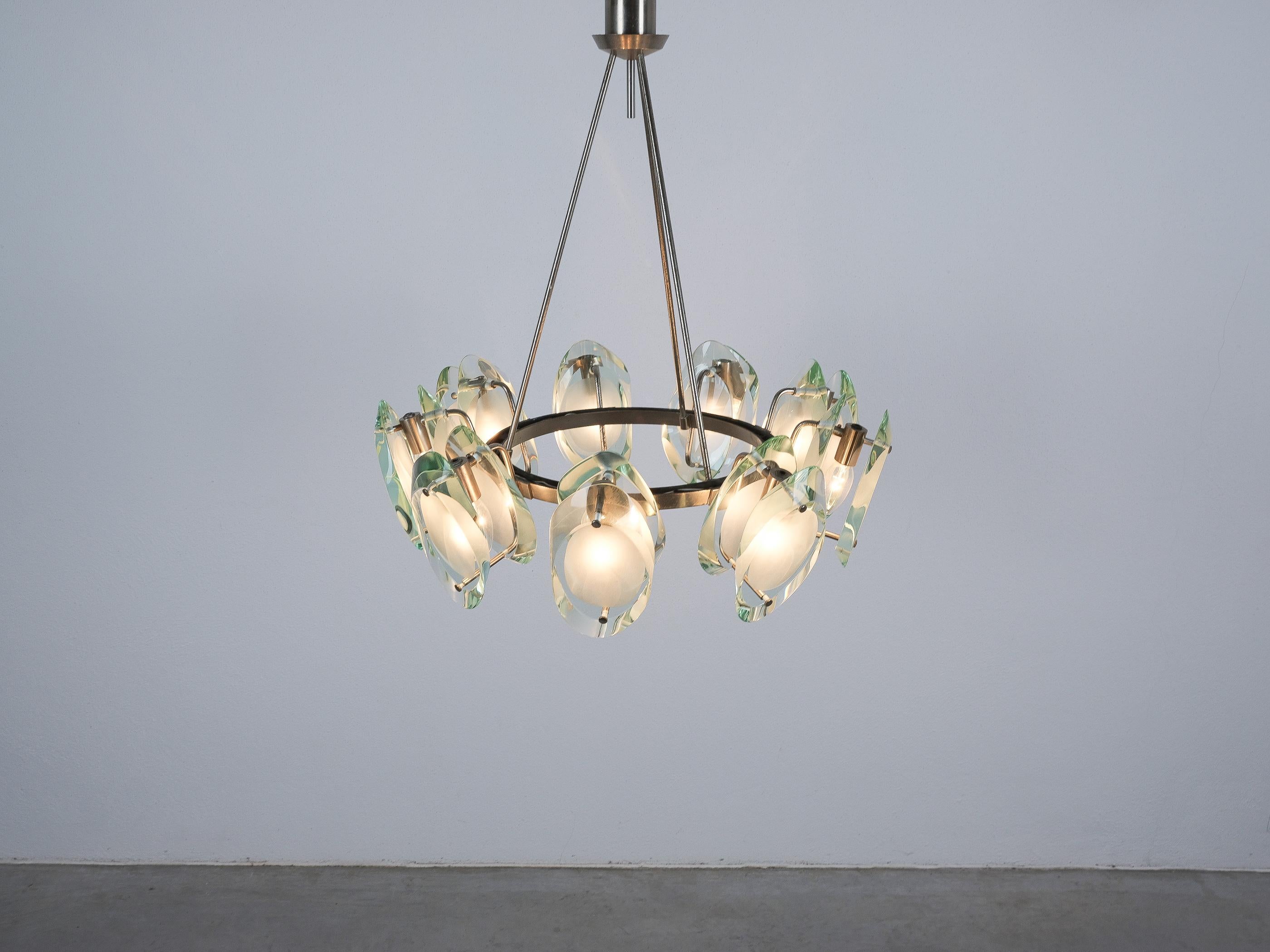 Max Ingrand Fontana Arte Chandelier Suspension Light Mod. 1088 Glass Brass, 1959 en Bueno estado para la venta en Vienna, AT
