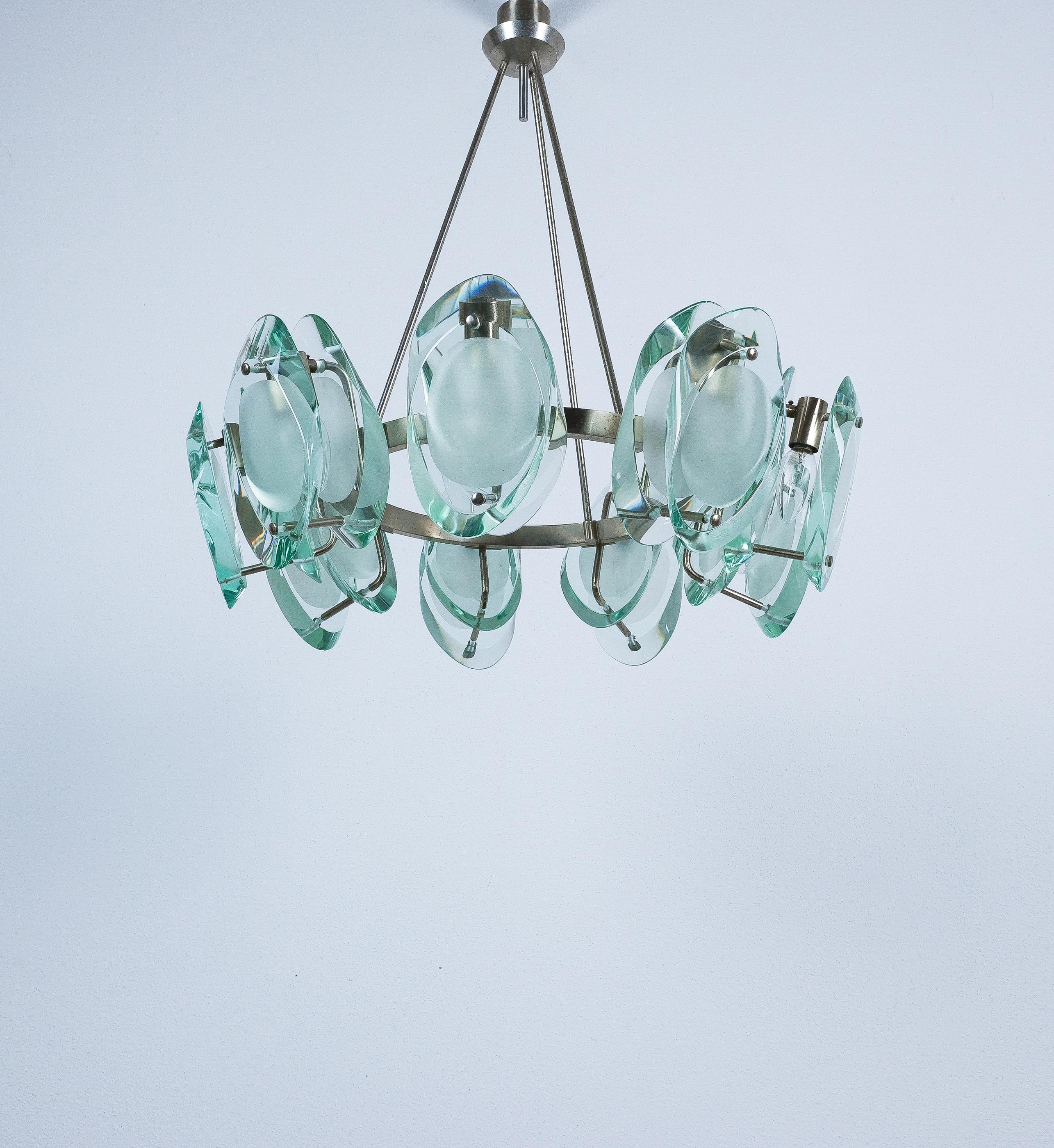 Max Ingrand Fontana Arte Chandelier Suspension Light Mod. 1088 Glass Brass, 1959 Latón en venta