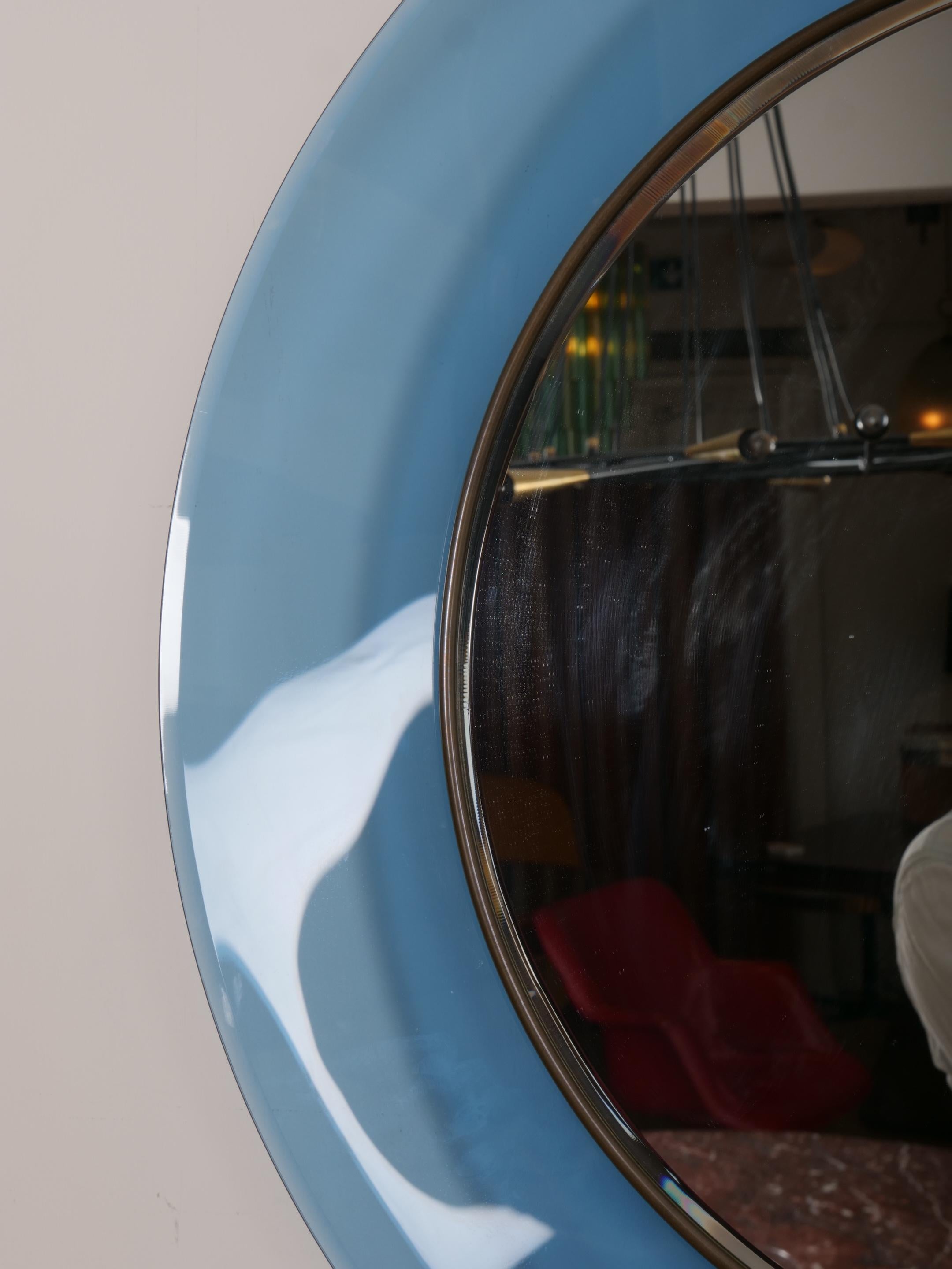 Biseauté Max Ingrand, Fontana Arte miroir circulaire bleu concave en vente