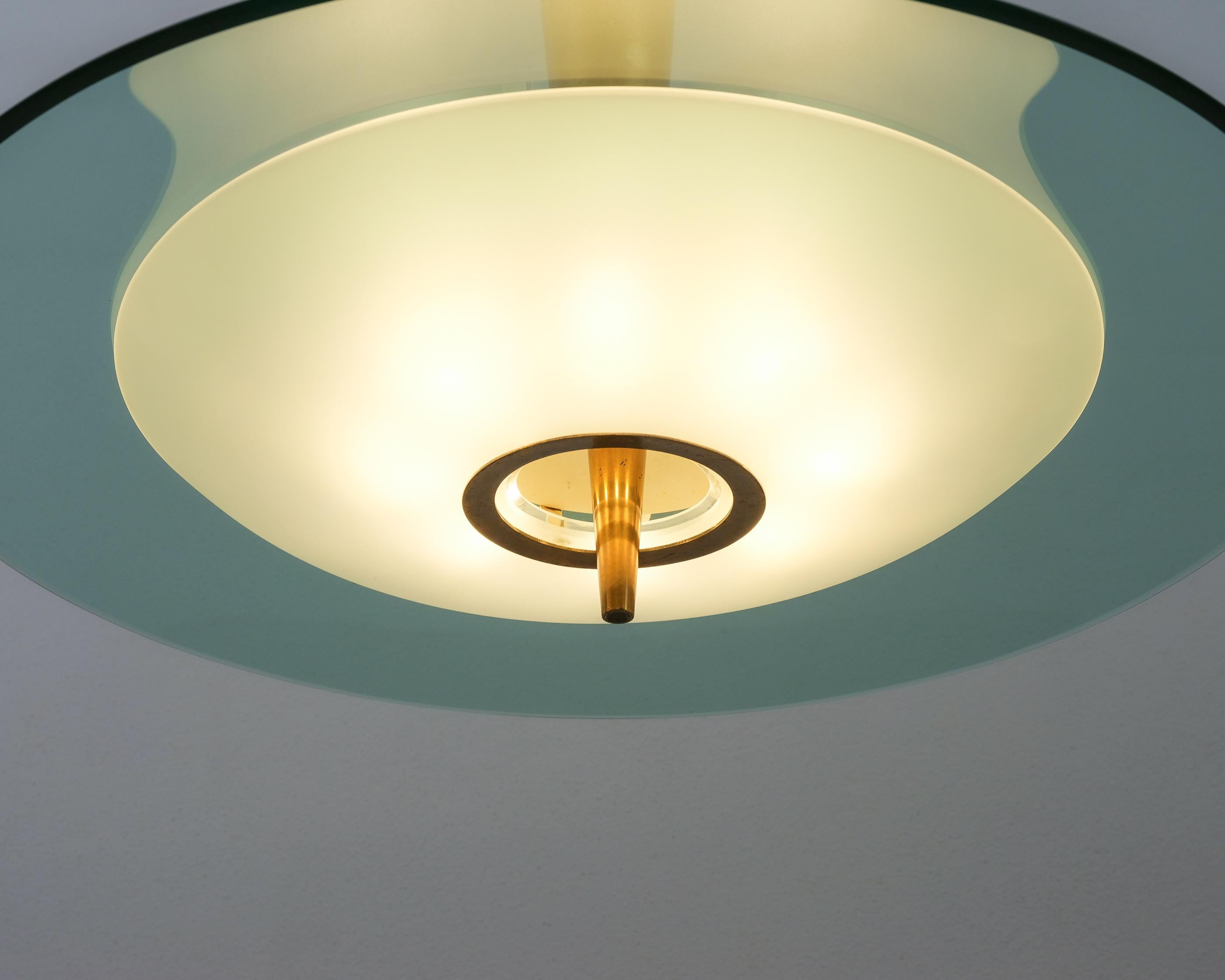 Etched Max Ingrand Fontana Arte Semi Flush Mount Chandelier Mod. 1462 Glass Brass, 1960 For Sale