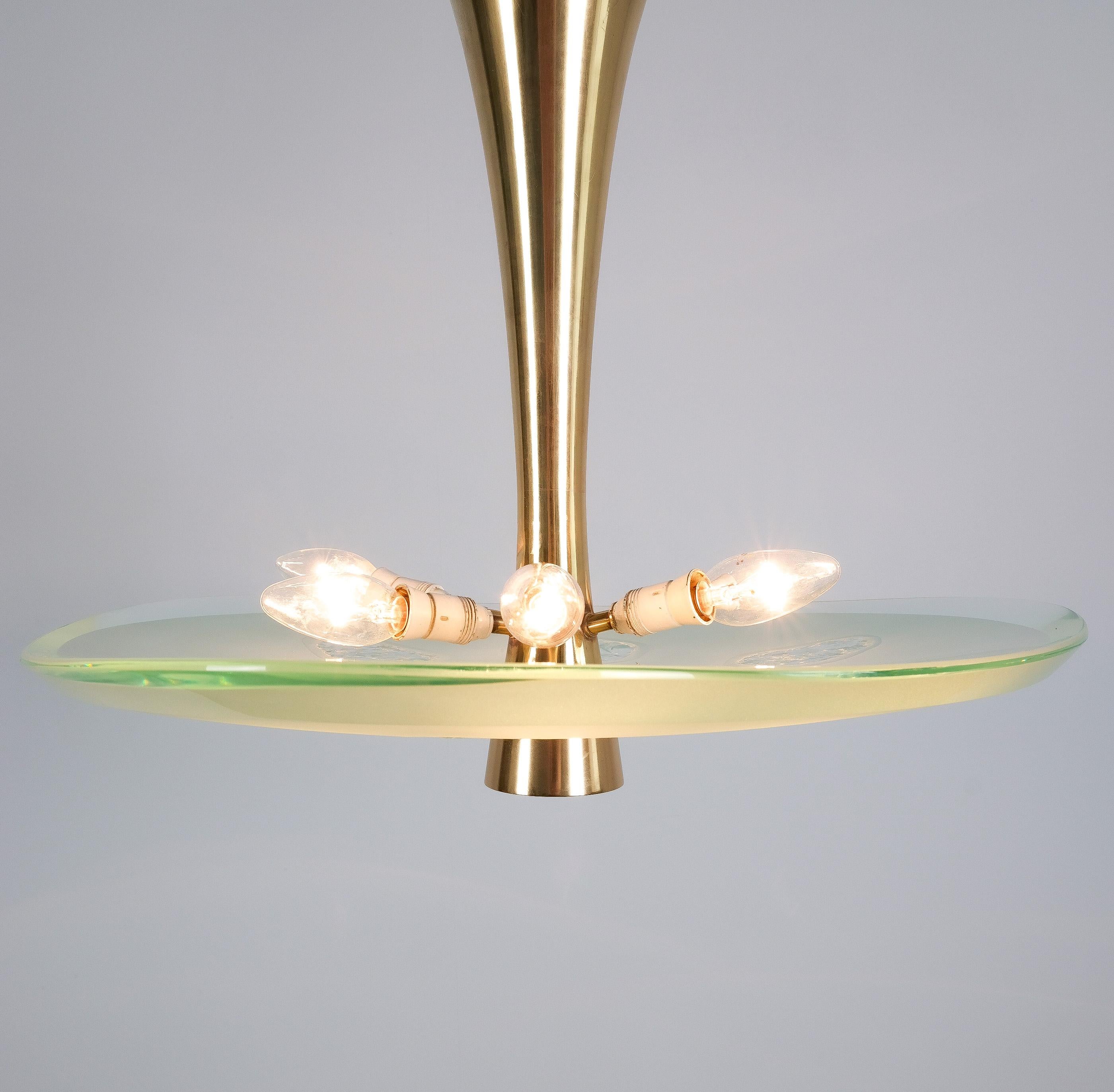 Mid-Century Modern Max Ingrand Fontana Arte Semi Flush Mount Chandelier Mod. 1748 Glass Brass, 1957 For Sale