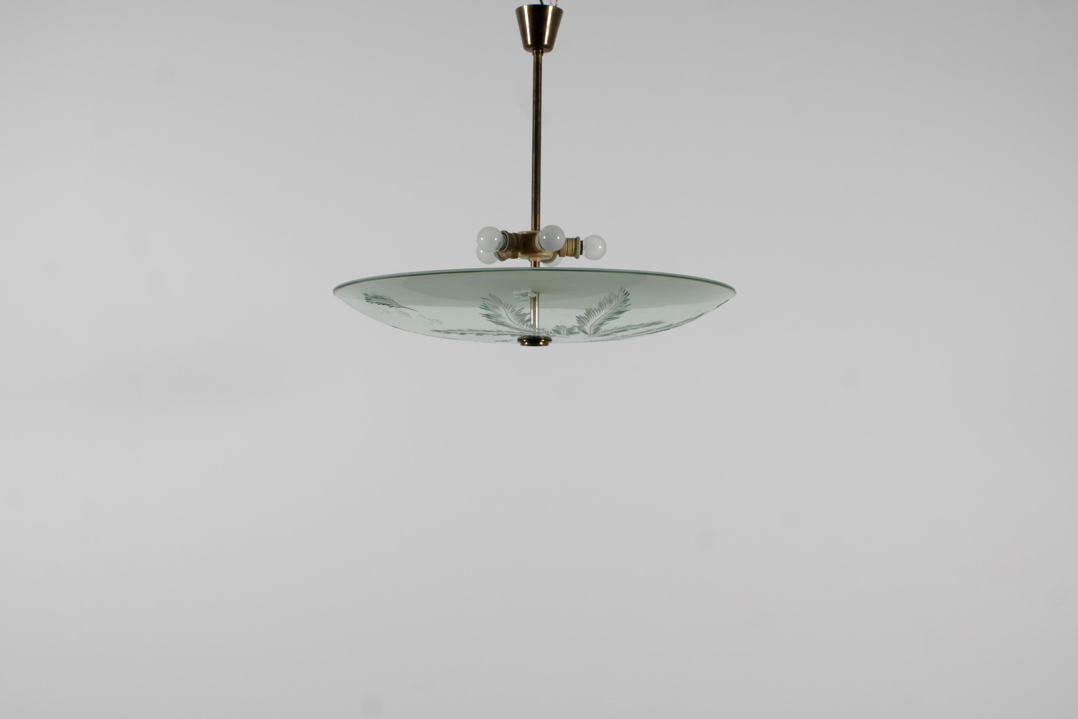 Art Deco Max Ingrand for Fontana Arte Engraved Glass and Brass Chandelier 40s Italy