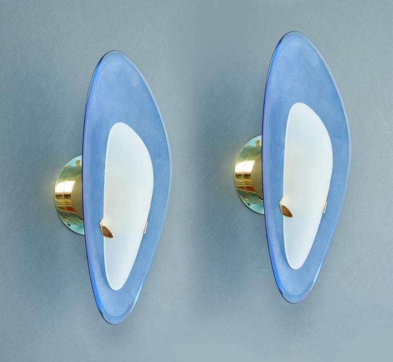 Mid-Century Modern Max Ingrand for Fontana Arte Exceptional Pair of Blue Glass Sconces Italy, 1960s