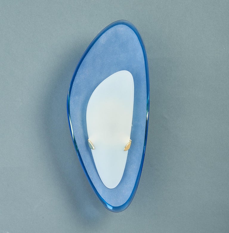 Italian Max Ingrand for Fontana Arte Exceptional Pair of Blue Glass Sconces Italy, 1960s