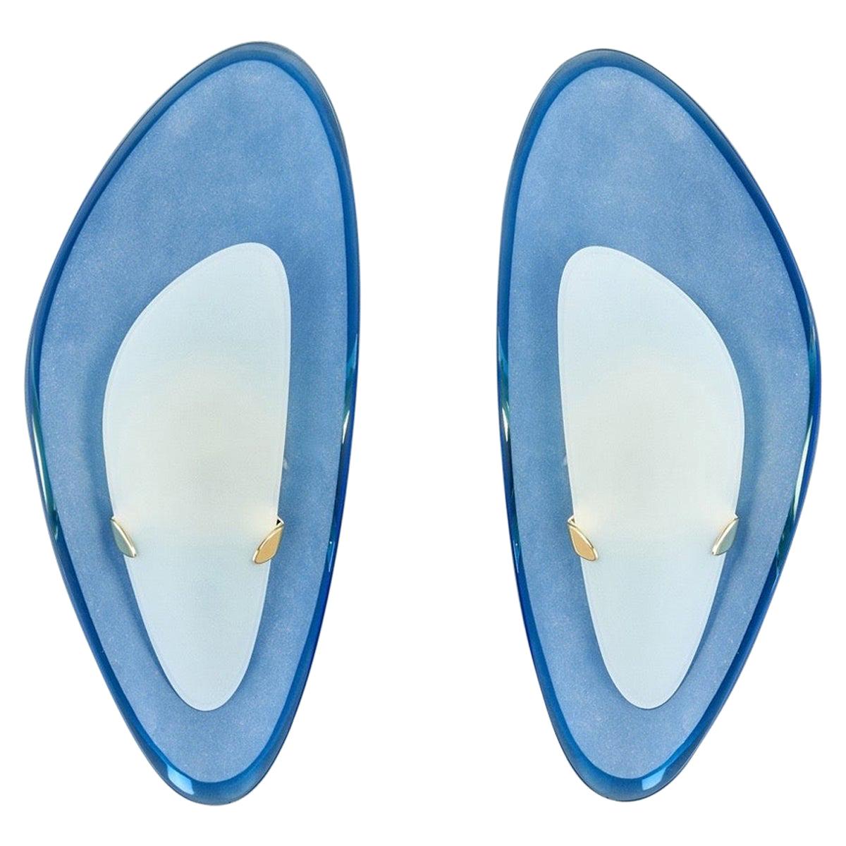 Max Ingrand for Fontana Arte Exceptional Pair of Blue Glass Sconces Italy, 1960s