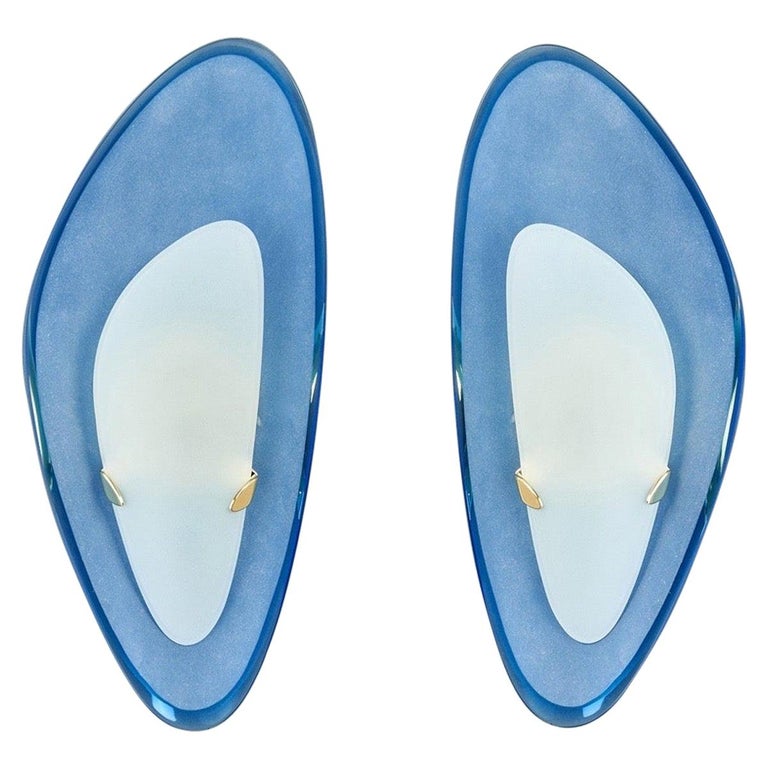 Max Ingrand for Fontana Arte Exceptional Pair of Blue Glass Sconces Italy, 1960s