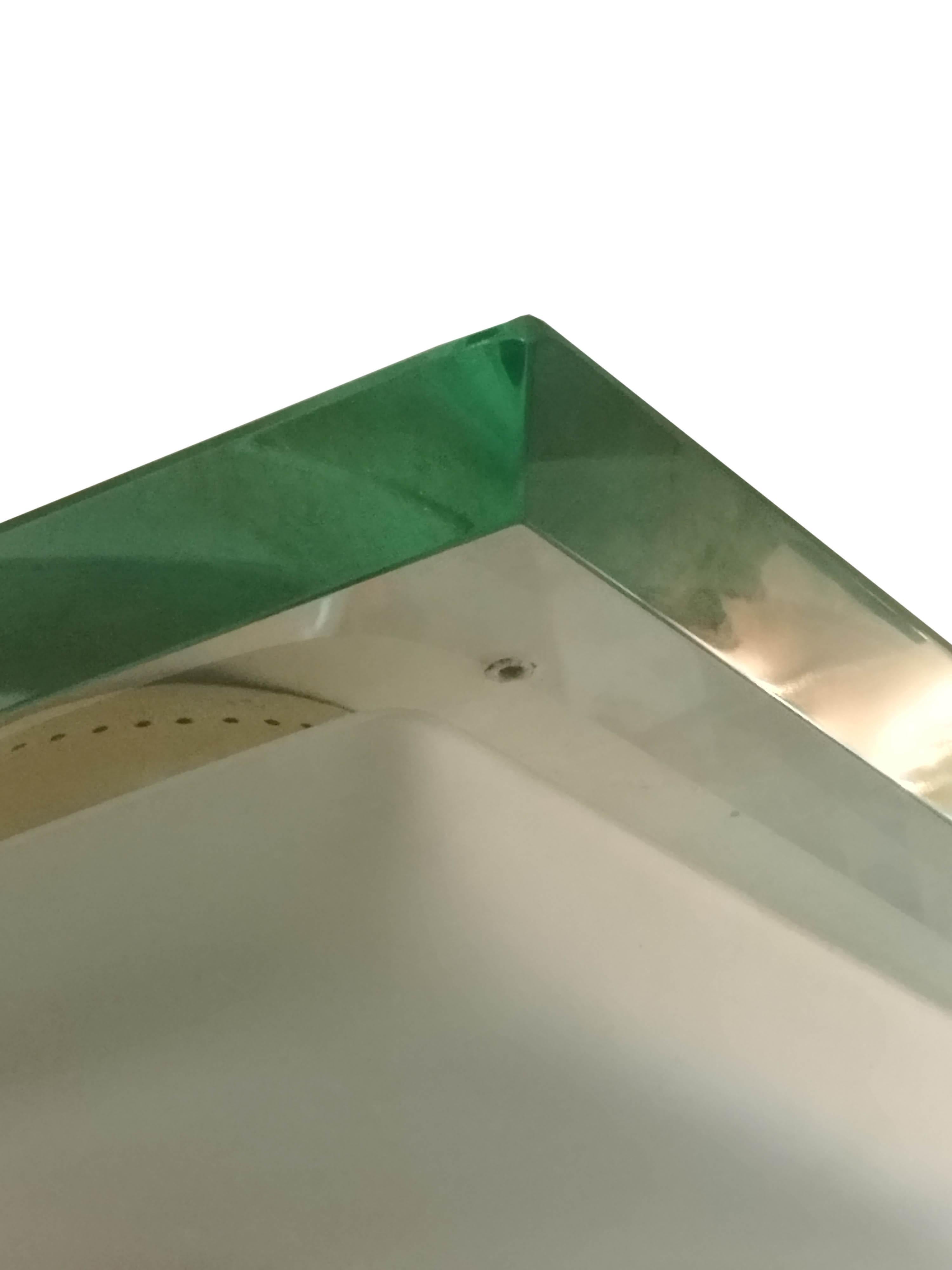 Rare Max Ingrand ceiling lamp for Fontana Arte, 1960. Painted metal, brass, frosted glass, glass. As typical of glass of the time it has a green edge that creates a beautiful emerald colour when illuminated or viewed from certain angles. The eight