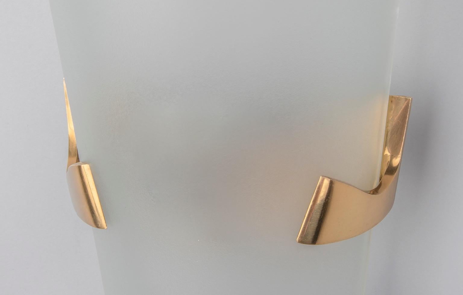 Max Ingrand for Fontana Arte Long Curved Glass and Brass Sconces, Italy 1950's 2